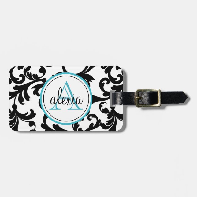 Étiquette À Bagage Noir et Turquoise Monogramme Damas Impression (Devant horizontal)