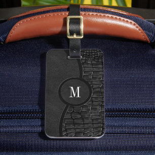 Étiquette À Bagage Noir Faux Alligator Cuir Peau Luxe Monogramme
