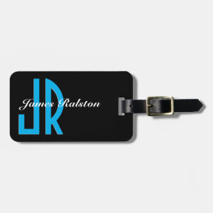 Étiquette À Bagage Noir, Monogramme bleu ciel, Personnaliser