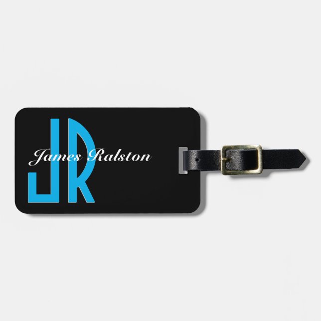 Étiquette À Bagage Noir, Monogramme bleu ciel, Personnaliser (Devant horizontal)