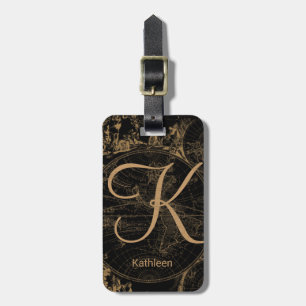 Étiquette À Bagage Noir nommé initial décoré d'un monogramme de carte