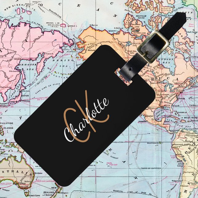 Étiquette À Bagage Noir or monogramme initiales nom script élégant (Créateur téléchargé)