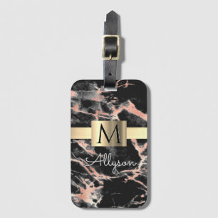 Étiquette À Bagage Noir & Rose Gold Marble Boîte, Nom & Monogramme