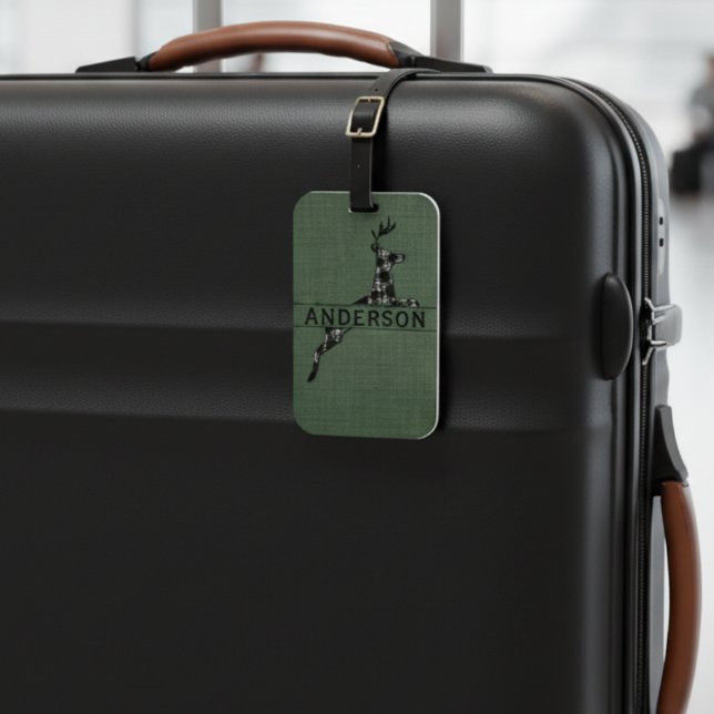 Étiquette À Bagage Noir Rustique Moderne Et Blanc Plaid Deer (Créateur téléchargé)