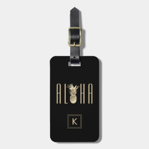 Étiquette À Bagage Noir tropical de monogramme d'or d'ananas Aloha