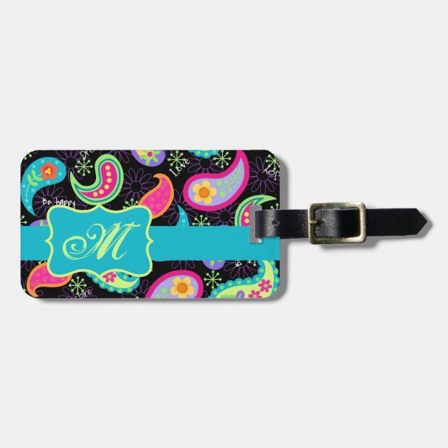 Étiquette À Bagage Noir Turquoise Moderne Paisley Motif Monogramme (Devant horizontal)
