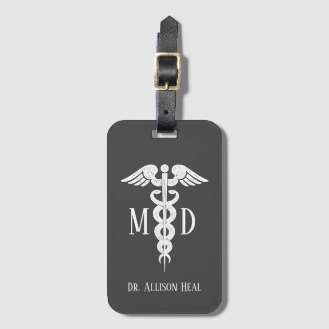Étiquette À Bagage Nom customisé par symbole de caducée du médecin DM (Devant Vertical)