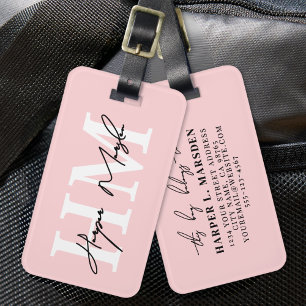 Étiquette À Bagage Nom de monogramme de fille rose pâle