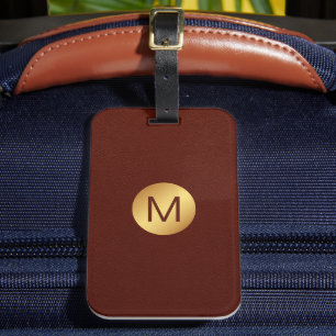 Étiquette À Bagage Nom de monogramme élégant Cuir rouge et or