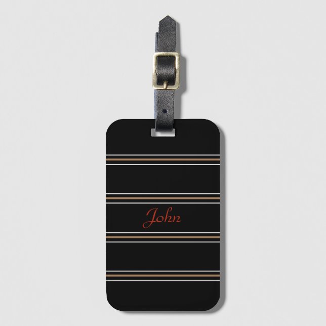 Étiquette À Bagage Nom de monogramme personnalisé avec bandes noires  (Devant Vertical)