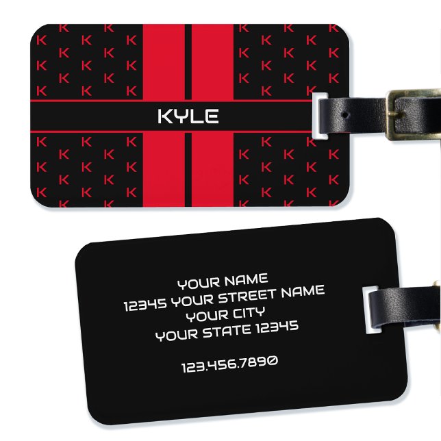 Étiquette À Bagage Nom de monogramme personnalisé moderne rouge rayé (Créateur téléchargé)