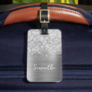 Étiquette À Bagage Nom de script Glam Argent Pailleté
