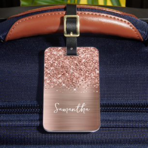 Étiquette À Bagage Nom de script Glam Rose Gold Pailleté