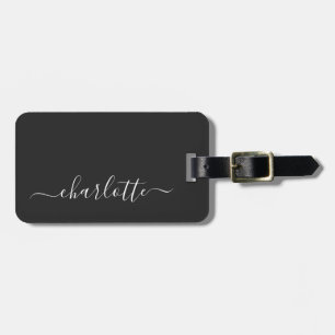 Étiquette À Bagage Nom de script noir et blanc élégant Personnalisé 