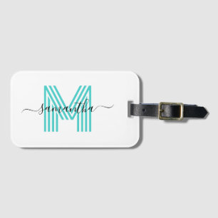 Étiquette À Bagage Nom de signature Turquoise Retro Monogramme