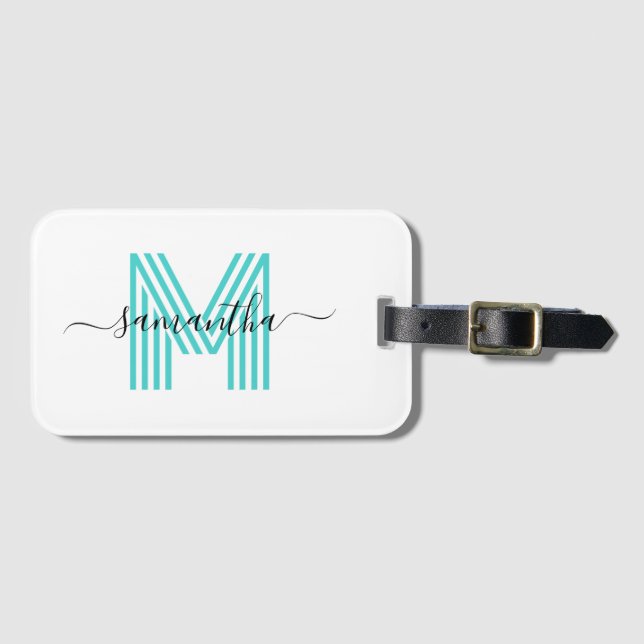 Étiquette À Bagage Nom de signature Turquoise Retro Monogramme (Devant Horizontal)