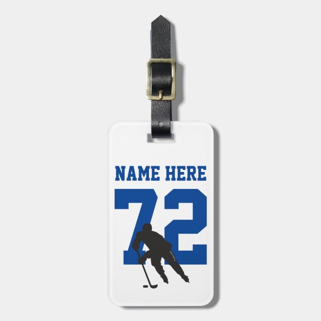 Étiquette À Bagage Nom du joueur de hockey personnalisé Numéro bleu (Devant Vertical)