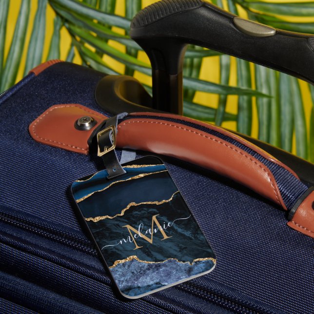 Étiquette À Bagage Nom du monogramme Agate Marine Bleu Gold Gemstone  (Insitu Rectoal 1)
