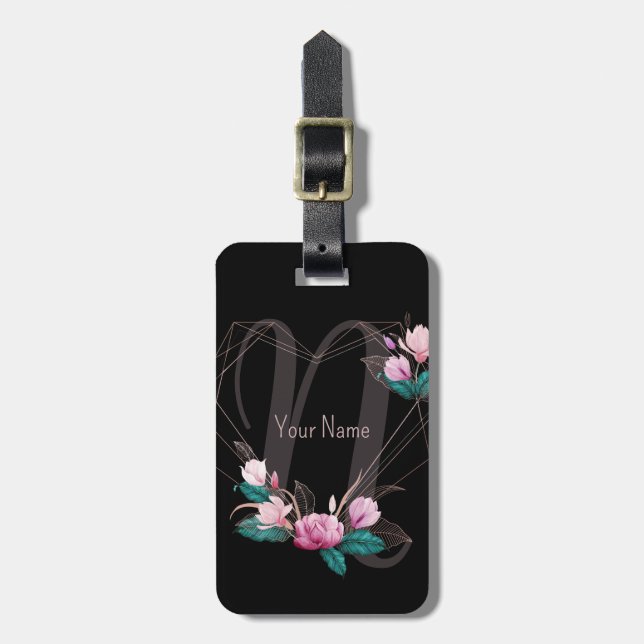Étiquette À Bagage Nom du monogramme Cadre géométrique rose Floral No (Devant Vertical)