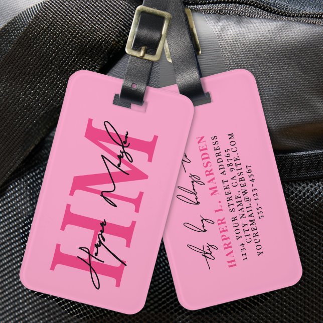 Étiquette À Bagage Nom du monogramme de la fille rose chaud (Hot Pink Girly Monogram Name Luggage Tag)