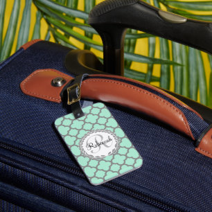 Étiquette À Bagage Nom du monogramme de Quatrefoil vert et gris