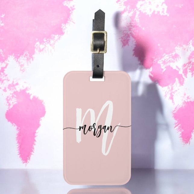 Étiquette À Bagage Nom du monogramme élégant du voyageur rose (Créateur téléchargé)