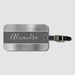 Étiquette À Bagage Nom du monogramme en métal brossé argenté