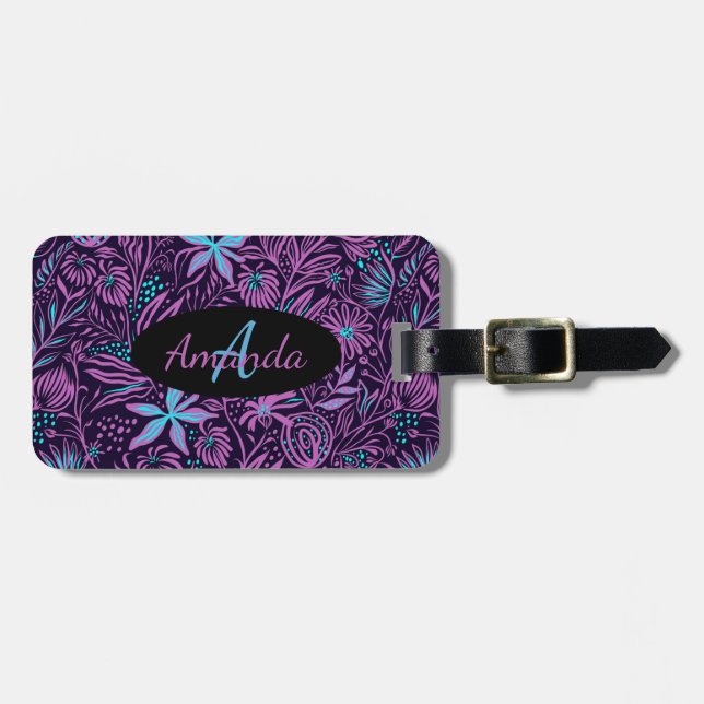 Étiquette À Bagage Nom du monogramme Floral rose pourpre Turquoise no (Devant horizontal)