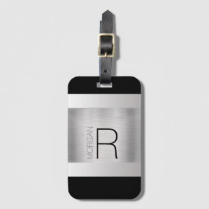 Étiquette À Bagage Nom du monogramme, Texte gris noir, Argent brossé