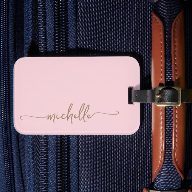 Étiquette À Bagage Nom en monogramme de calligraphie moderne rose or (Insitu Rectoal 4)