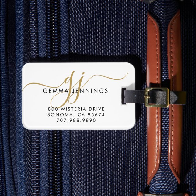 Étiquette À Bagage Nom en monogramme script doré  (Insitu Rectoal 4)
