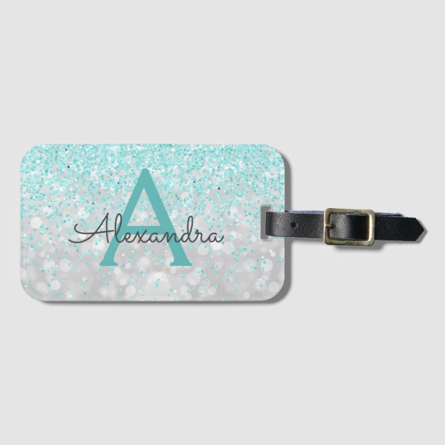 Étiquette À Bagage Nom et initiale du monogramme turquoise et argenté (Devant Horizontal)