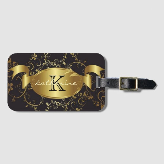 Étiquette À Bagage Nom floral noir de monogramme d'or personnalisé (Devant Horizontal)