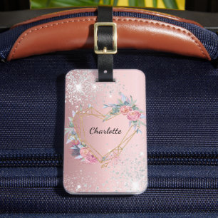 Étiquette À Bagage Nom floral rose pâle