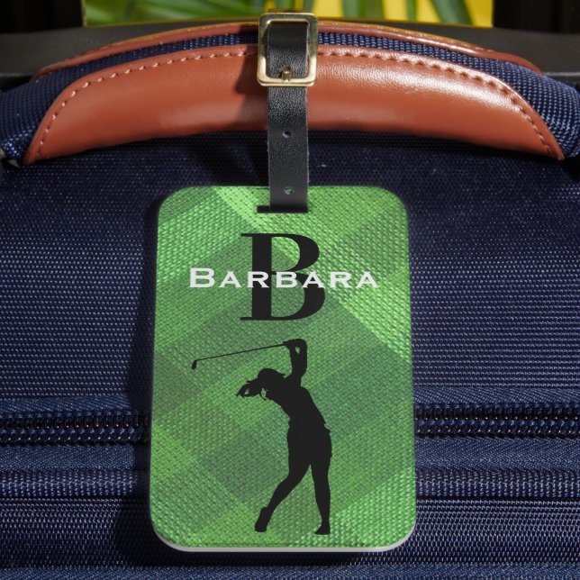 Étiquette À Bagage Nom Initial, Femme Golfer Silhouette Green Plaid (Insitu Rectoal 2)