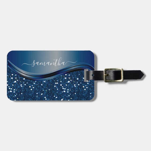 Étiquette À Bagage Nom manuscrit Marine Blue Metal Parties scintillan (Devant horizontal)