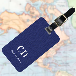 Étiquette À Bagage Nom monogramme blanc en cuir bleu marine