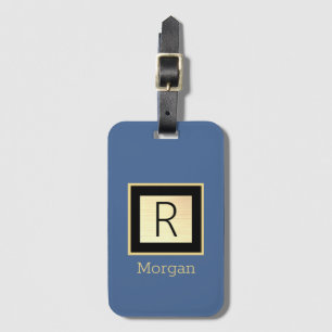 Étiquette À Bagage Nom & Monogramme, Boîte Noir & Or, Bleu Med