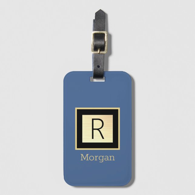 Étiquette À Bagage Nom & Monogramme, Boîte Noir & Or, Bleu Med (Devant Vertical)