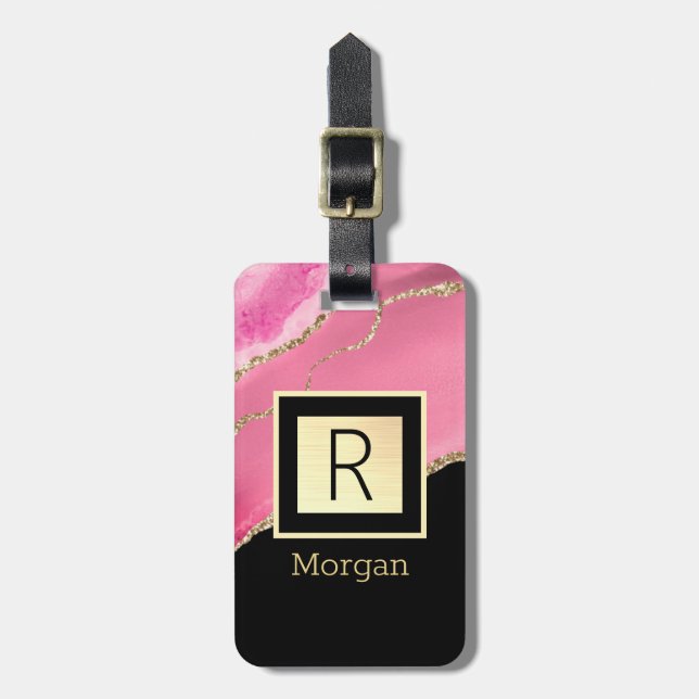 Étiquette À Bagage Nom & Monogramme, Boîte noire & or, Agate rose (Devant Vertical)