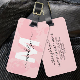 Étiquette À Bagage Nom Monogramme Carte Rose Personnalisé Moderne
