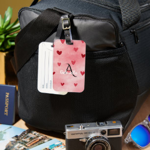 Étiquette À Bagage Nom Monogramme Cœurs Rouge Rose