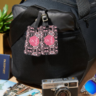Étiquette À Bagage Nom monogrammé floral aquarelle rose élégant