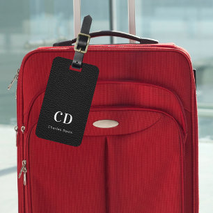 Étiquette À Bagage Nom monographique blanc en cuir noir