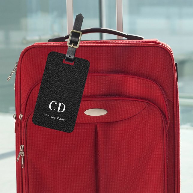 Étiquette À Bagage Nom monographique blanc en cuir noir (Créateur téléchargé)