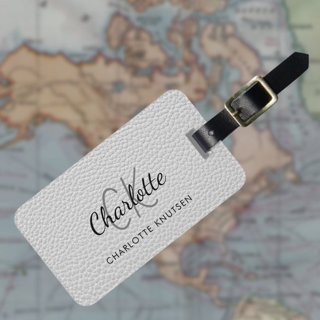 Étiquette À Bagage Nom monographique en cuir gris (Créateur téléchargé)