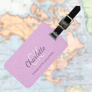 Étiquette À Bagage Nom monographique en cuir rose