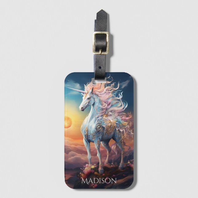 Étiquette À Bagage Nom personnalisé belle licorne (Devant Vertical)