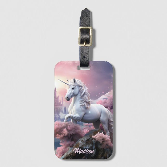 Étiquette À Bagage Nom personnalisé belle licorne (Devant Vertical)