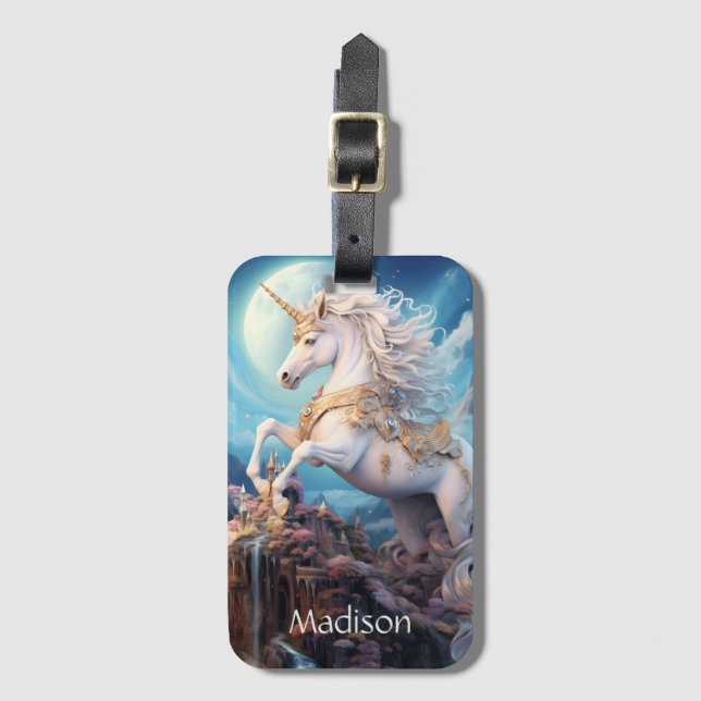 Étiquette À Bagage Nom personnalisé belle licorne (Devant Vertical)